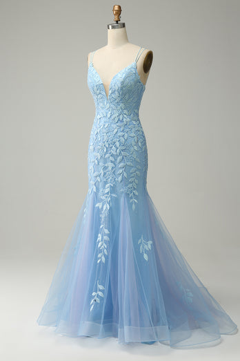 Tulle Deep V-Neck Blue Long Prom Dress with Appliques