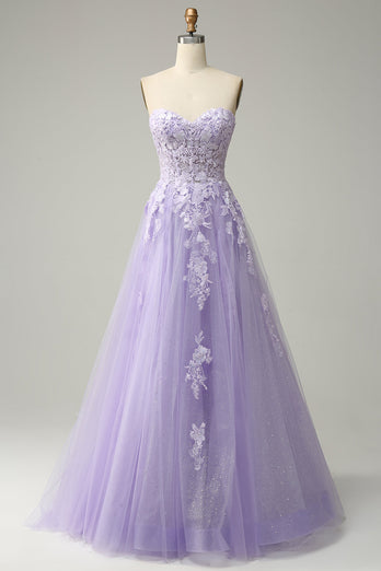 A-Line Spaghetti Straps Long Purple Prom Dress with Appliques