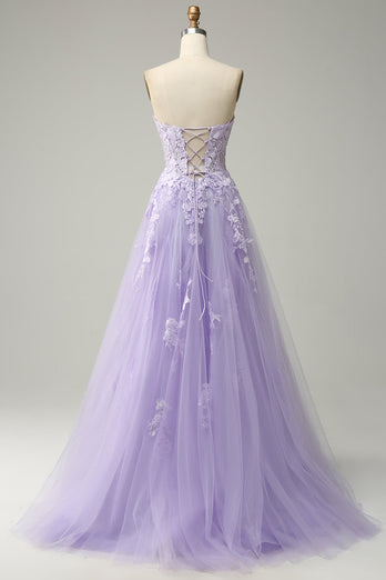 A-Line Spaghetti Straps Long Purple Prom Dress with Appliques