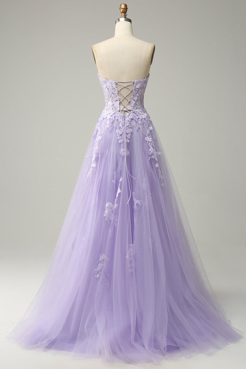 Load image into Gallery viewer, A-Line Spaghetti Straps Long Purple Prom Dress with Appliques