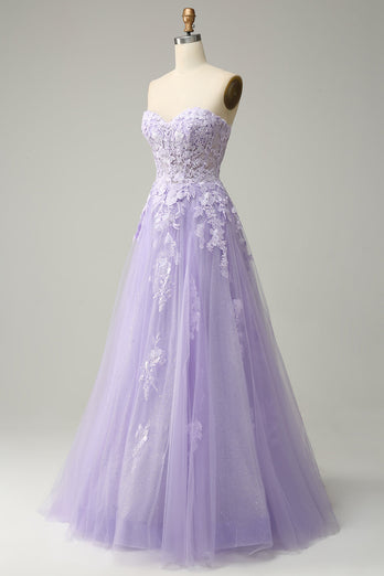 A-Line Spaghetti Straps Long Purple Prom Dress with Appliques