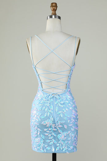 Sparkly Lace-Up Back Light Blue Short Prom Dress