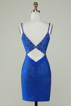 Royal Blue Beaded Spaghetti Straps Bodycon Short Prom Dress