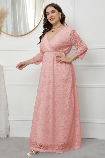 Plus Size V-Neck Lace Pink Mother Of The Bride Dress