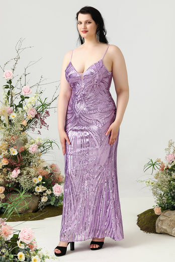 Sheath Spaghetti Straps Light Purple Sequins Plus Size Prom Dress