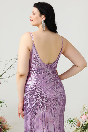 Sheath Spaghetti Straps Light Purple Sequins Plus Size Prom Dress