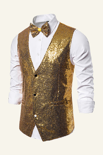 Sparkly Golden Lapel Sequins Men's Vest with Bow Tie