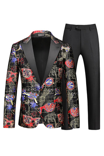 Men's Red Printed Peak Lapel 2-Piece Homecoming Suits