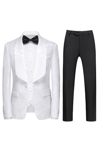 Men's White Jacquard 3-Piece Shawl Lapel Prom Suits