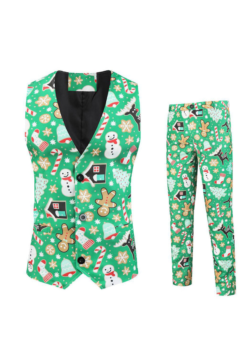 Load image into Gallery viewer, Green Notched Lapel Printed 3 Piece Christmas Men&#39;s Suits