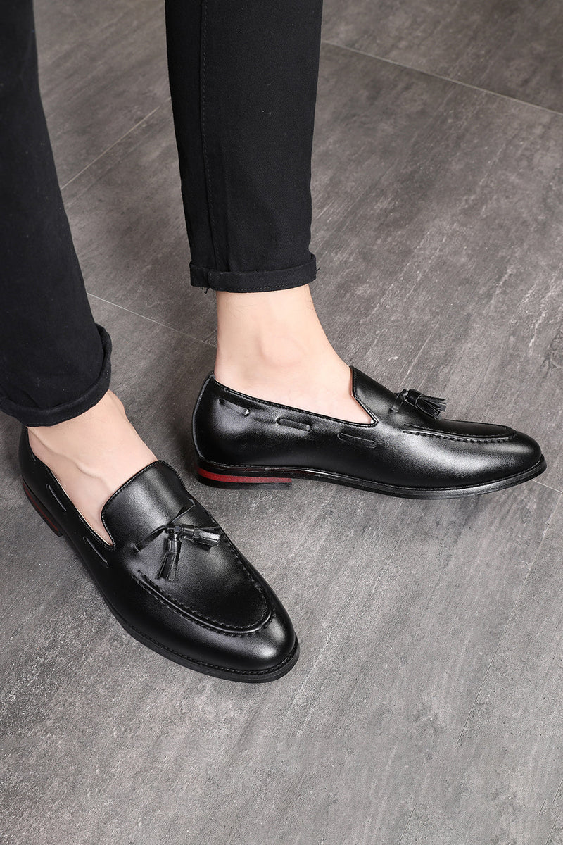 Load image into Gallery viewer, Black Leather Fringe Slip-On Men&#39;s Shoes