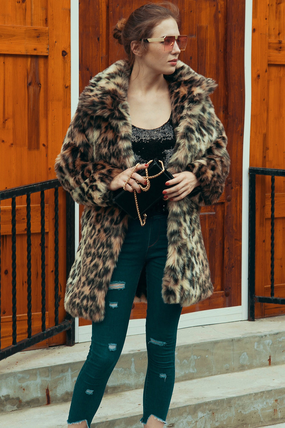 Brown Leopard Lapel Neck Midi Faux Fur Shearling Coat