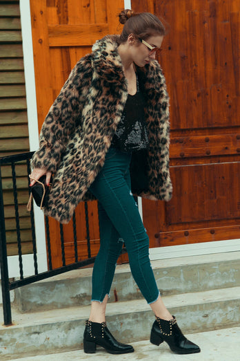 Brown Leopard Lapel Neck Midi Faux Fur Shearling Coat