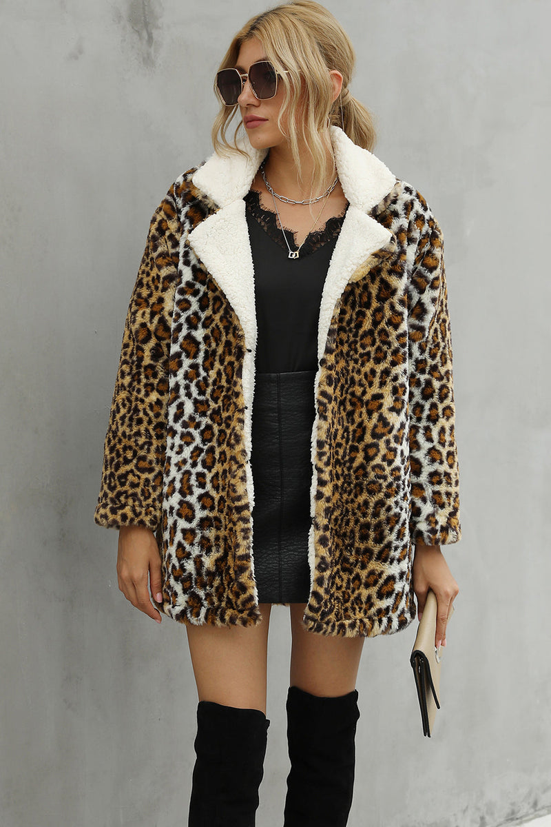 Load image into Gallery viewer, Brown Loepard Fluffy Midi Faux Fur Shearling Coat