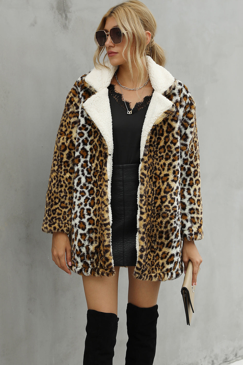 Brown Loepard Fluffy Midi Faux Fur Shearling Coat