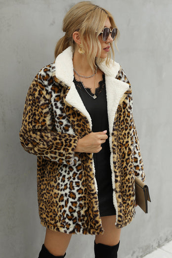 Brown Loepard Fluffy Midi Faux Fur Shearling Coat