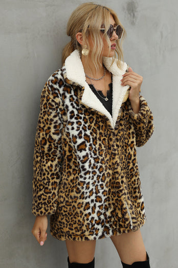 Brown Loepard Fluffy Midi Faux Fur Shearling Coat