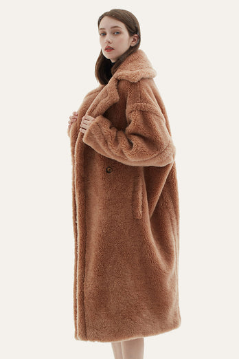 Camel Lapel Fleece Oversized Long Fuzzy Teddy Coat