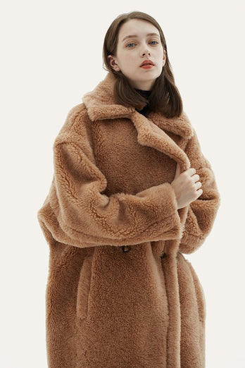 Camel Lapel Fleece Oversized Long Fuzzy Teddy Coat