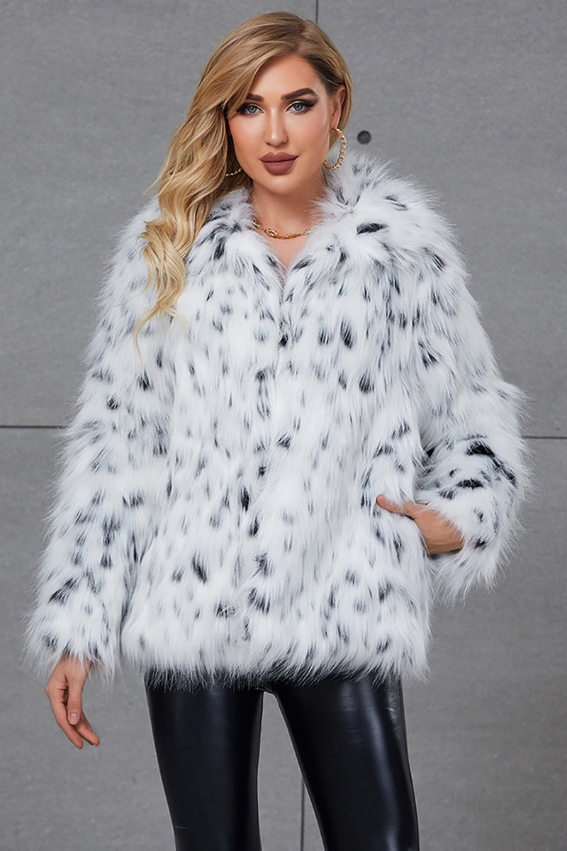 Load image into Gallery viewer, White Leopard Print Lapel Neck Faux Fur Women Coat