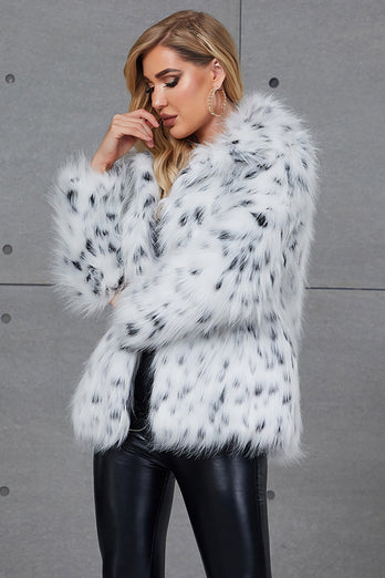 White Leopard Print Lapel Neck Faux Fur Women Coat