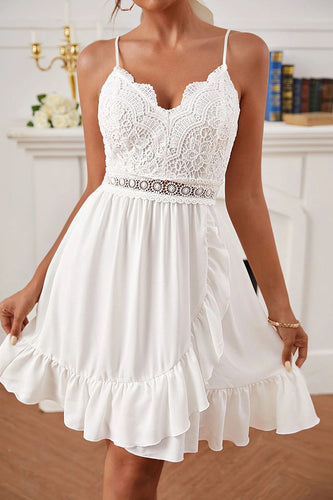 White A-Line Spaghetti Straps Graduation Dress