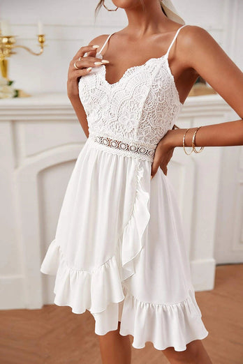 White A-Line Spaghetti Straps Graduation Dress