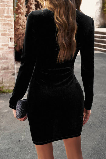 Black Bodycon Round Neck Long Sleeves Velvet Party Dress