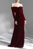 Load image into Gallery viewer, Burgundy Velvet Off the Shoulder Long Sleeves Floor Length Prom Dress