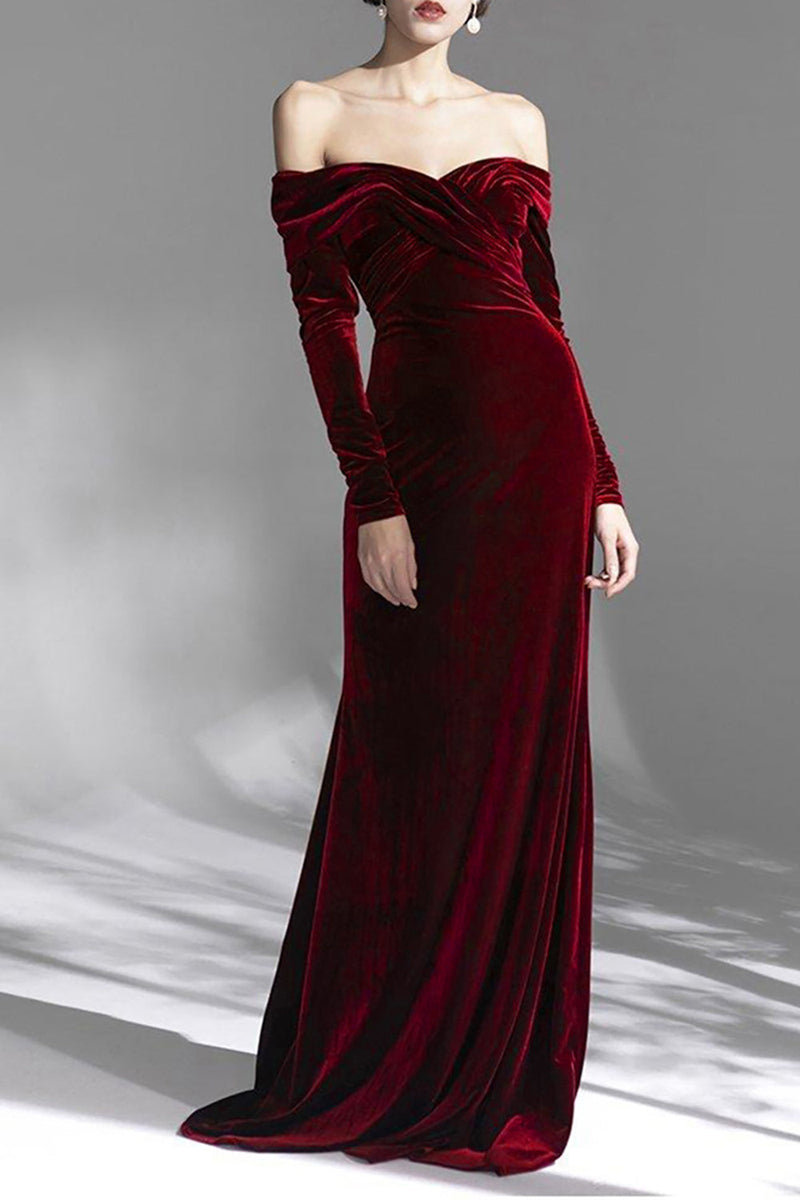 Load image into Gallery viewer, Burgundy Velvet Off the Shoulder Long Sleeves Floor Length Prom Dress