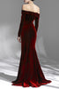 Load image into Gallery viewer, Burgundy Velvet Off the Shoulder Long Sleeves Floor Length Prom Dress