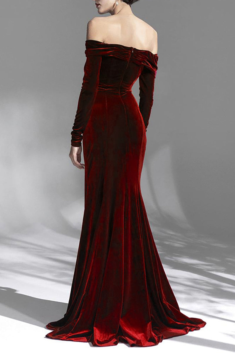 Load image into Gallery viewer, Burgundy Velvet Off the Shoulder Long Sleeves Floor Length Prom Dress