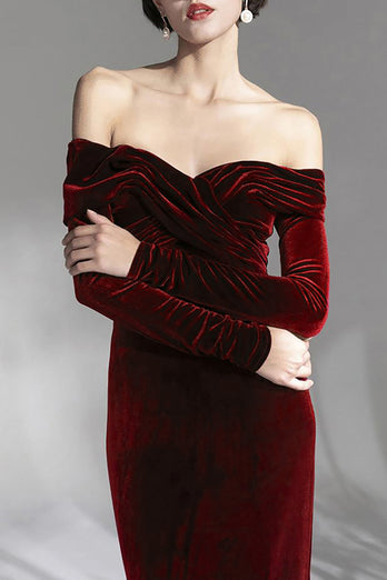 Burgundy Velvet Off the Shoulder Long Sleeves Floor Length Prom Dress