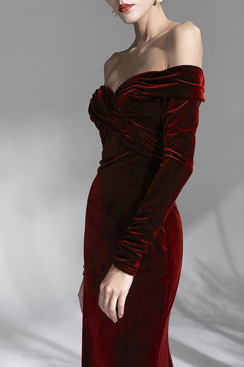 Burgundy Velvet Off the Shoulder Long Sleeves Floor Length Prom Dress