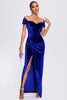 Load image into Gallery viewer, Off the Shoulder Royal Blue Velvet Holiday Party Dress with Slit