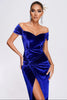 Load image into Gallery viewer, Off the Shoulder Royal Blue Velvet Holiday Party Dress with Slit