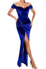 Load image into Gallery viewer, Off the Shoulder Royal Blue Velvet Holiday Party Dress with Slit