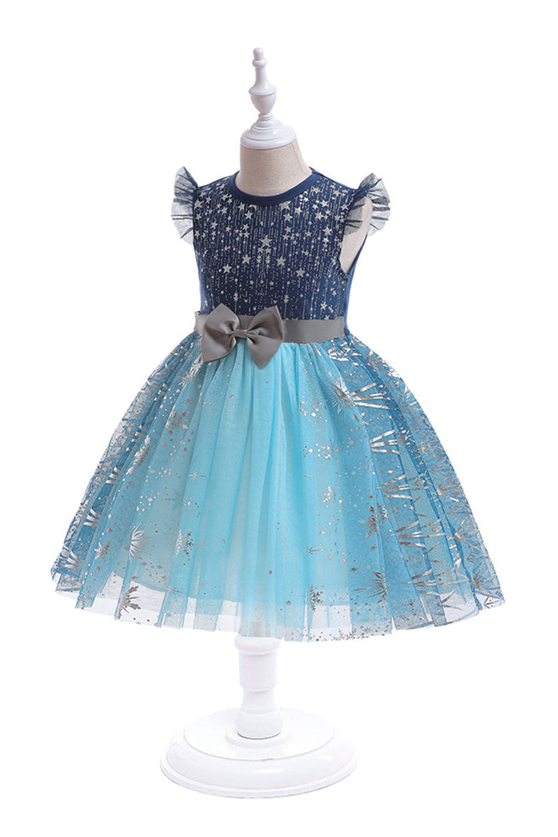 Load image into Gallery viewer, Blue Tulle Glitter Girl&#39;s Party Dress with Bow