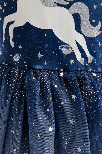 Navy Tulle Girl Dress with Unicorn Printed