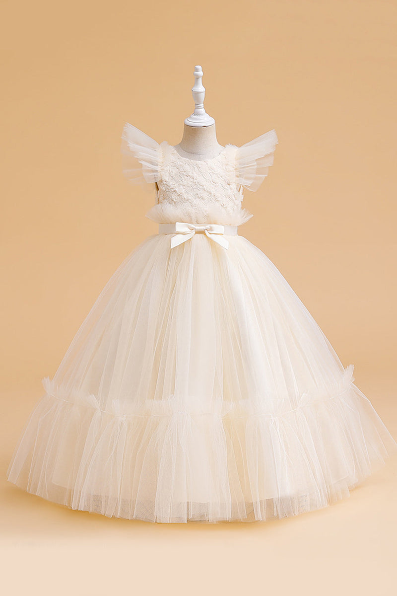 Load image into Gallery viewer, Tulle A Line Champagne Girl Dress with Bow