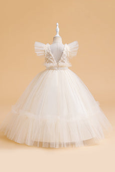 Tulle A Line Champagne Girl Dress with Bow