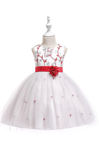 Round Neck White Girls' Dress With Beading