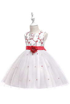 Round Neck White Girls' Dress With Beading