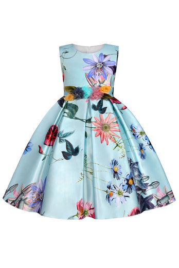 A Line Jewel Neck Light Blue Printed Girl Dress