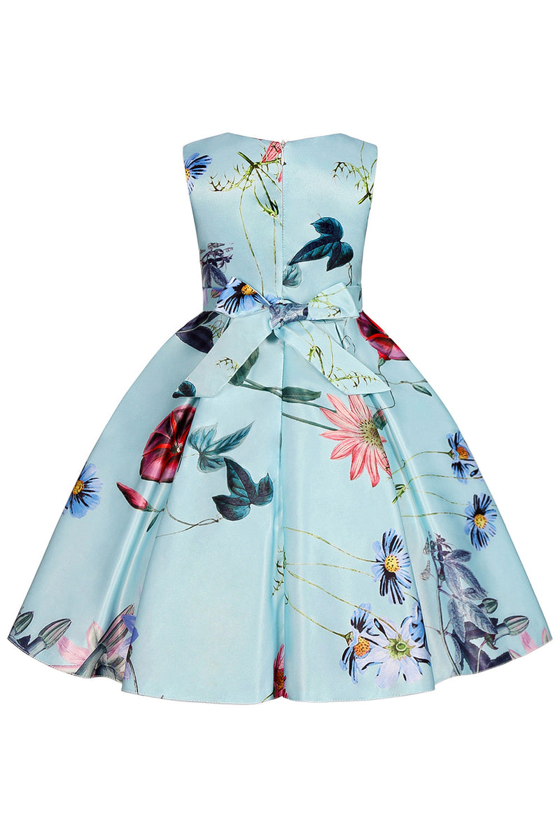 Load image into Gallery viewer, A Line Jewel Neck Light Blue Printed Girl Dress