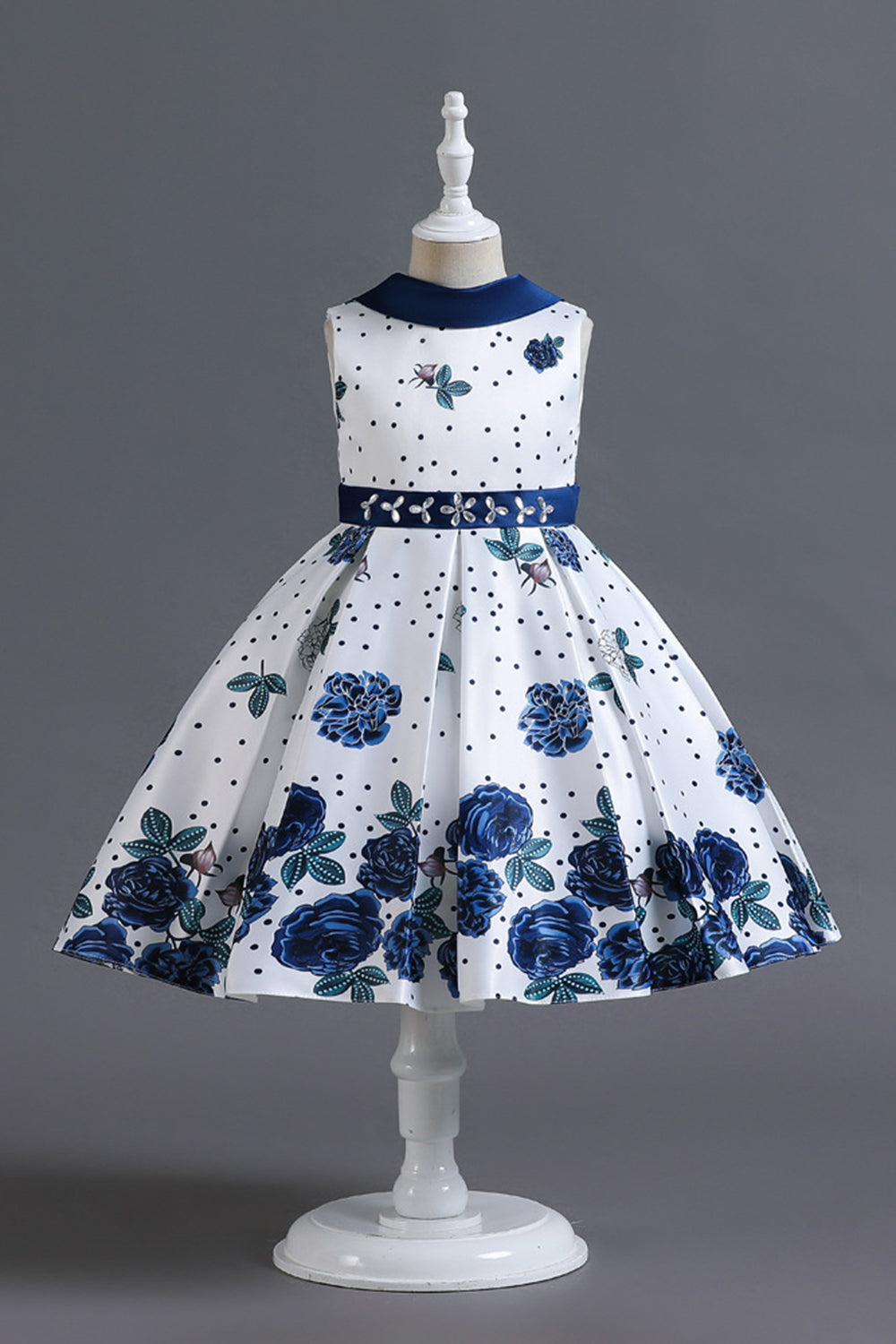 A Line Jewel Neck Blue Printed Girl Dress