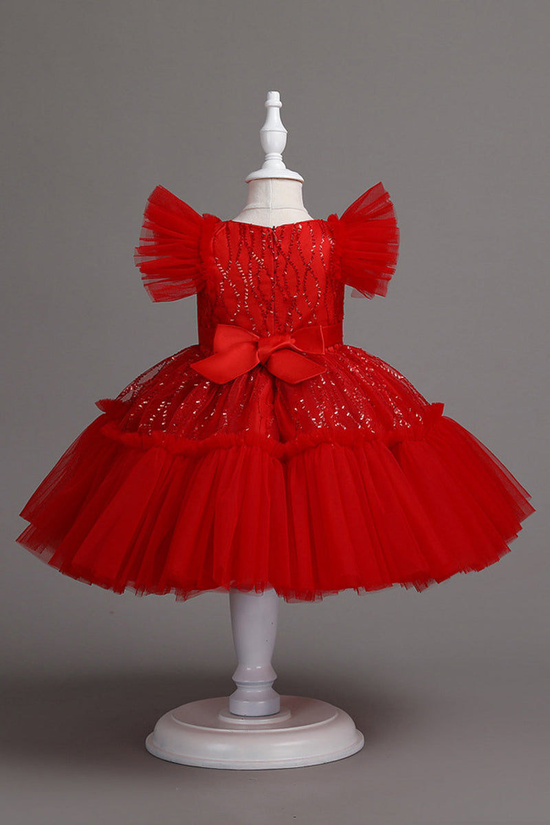 Load image into Gallery viewer, A Line Jewel Neck Red Girl Dress with Bowknot