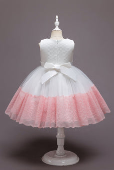 Pink Sleeveless Flower Tulle Girls' Dress With Bow