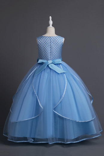 Blue Round Neck Tulle Long Girls' Dress