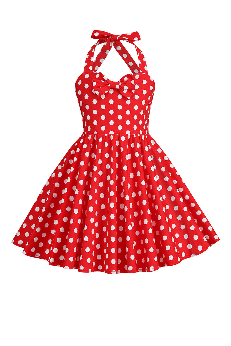 Load image into Gallery viewer, Halter Red Vintage Polka Dot 50&#39;s Girls Dress with Bow